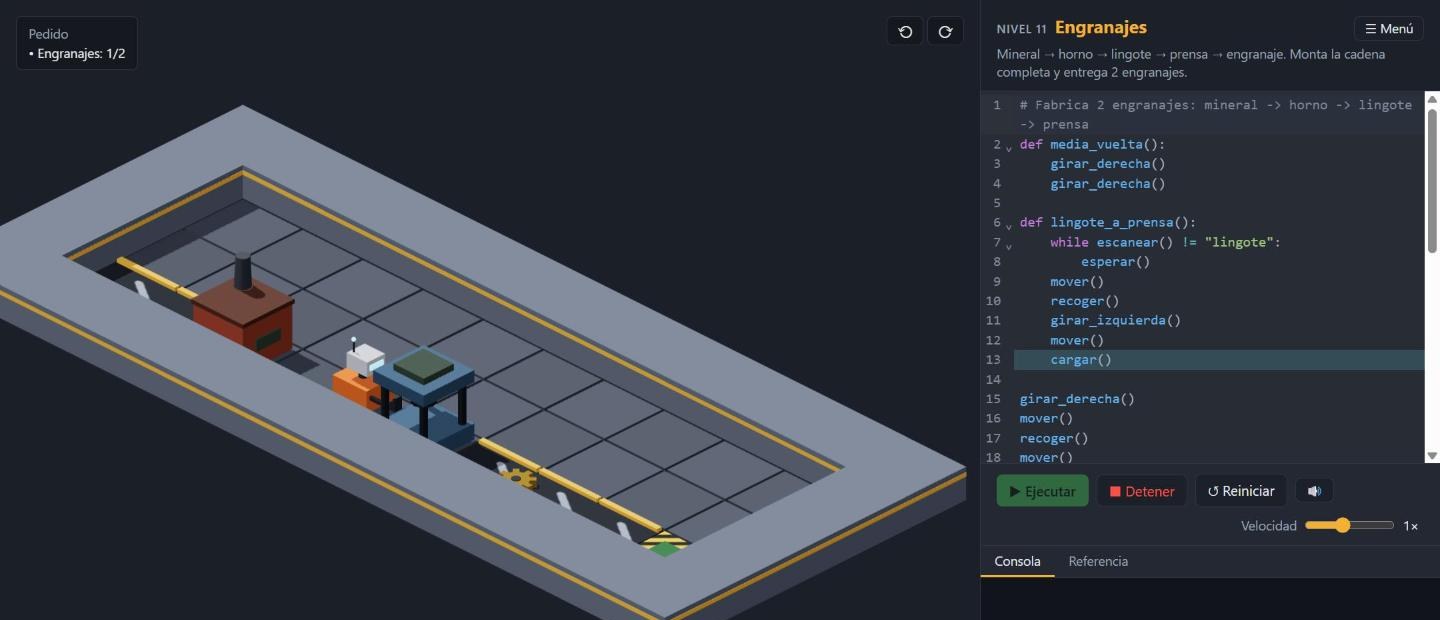 Captura del juego: un robot naranja en una fábrica con un horno y una prensa, junto al editor de código Python